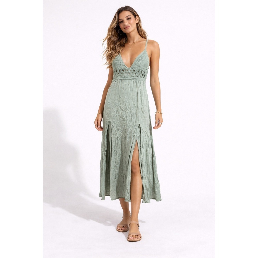 Fashion Nova‎ Green Crochet Boho Midi Dress small Vacation Beach Island Casual